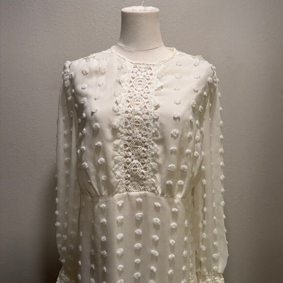 Love X Design Rina Long Sleeve Dotted Chiffon Cream Lace Dress Large Boho Chic - Picture 6 of 11